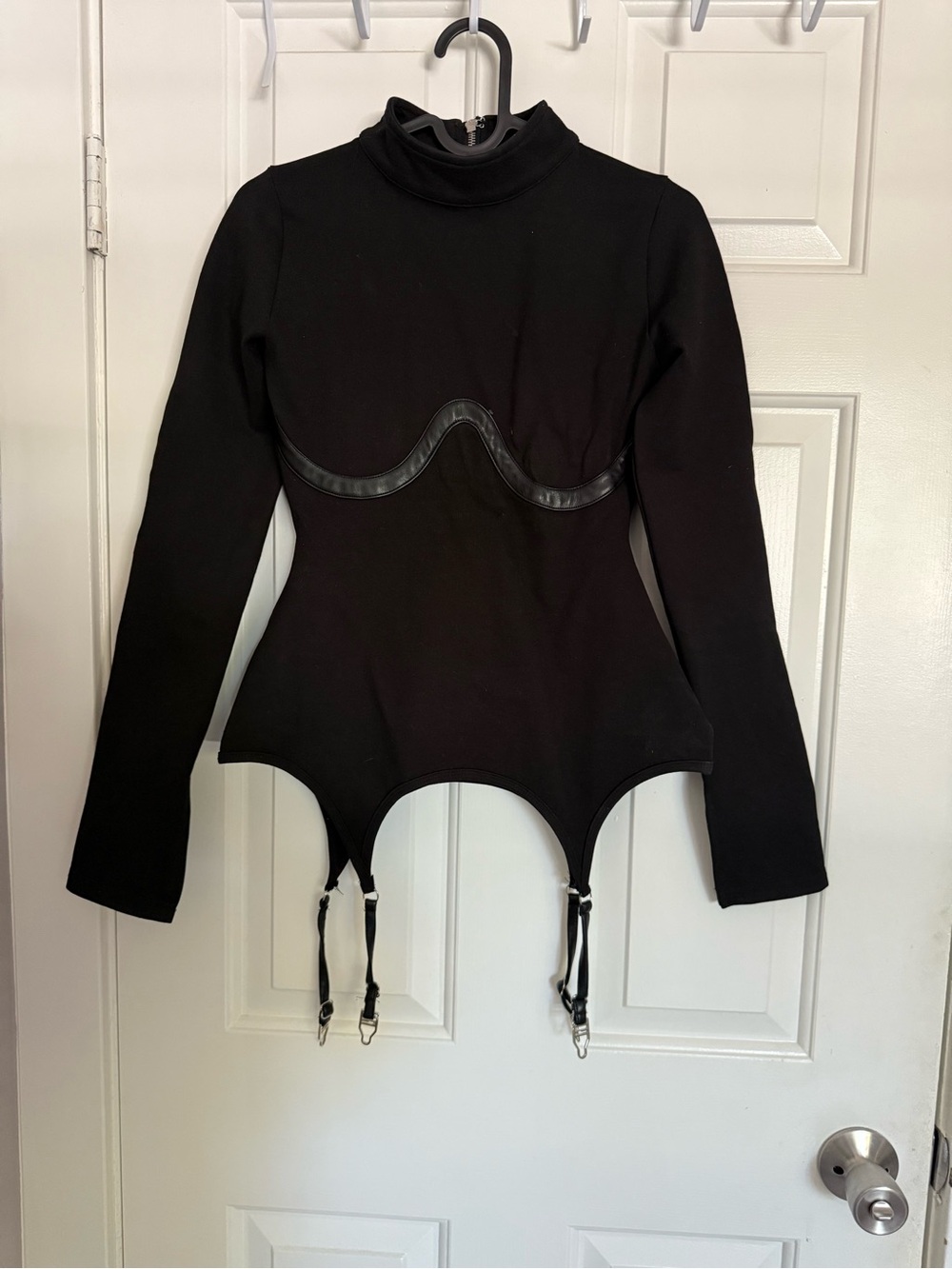 Maniere De Voir Black Long-Sleeve Turtleneck Bodysuit with Garter Straps